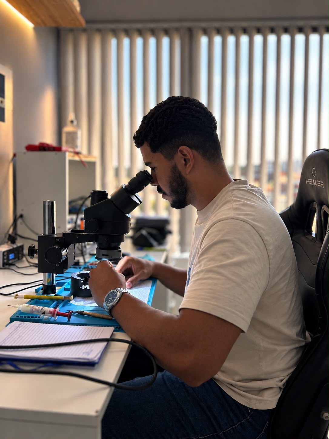 Técnico realizando reparo em aparelho com auxílio de microscópio